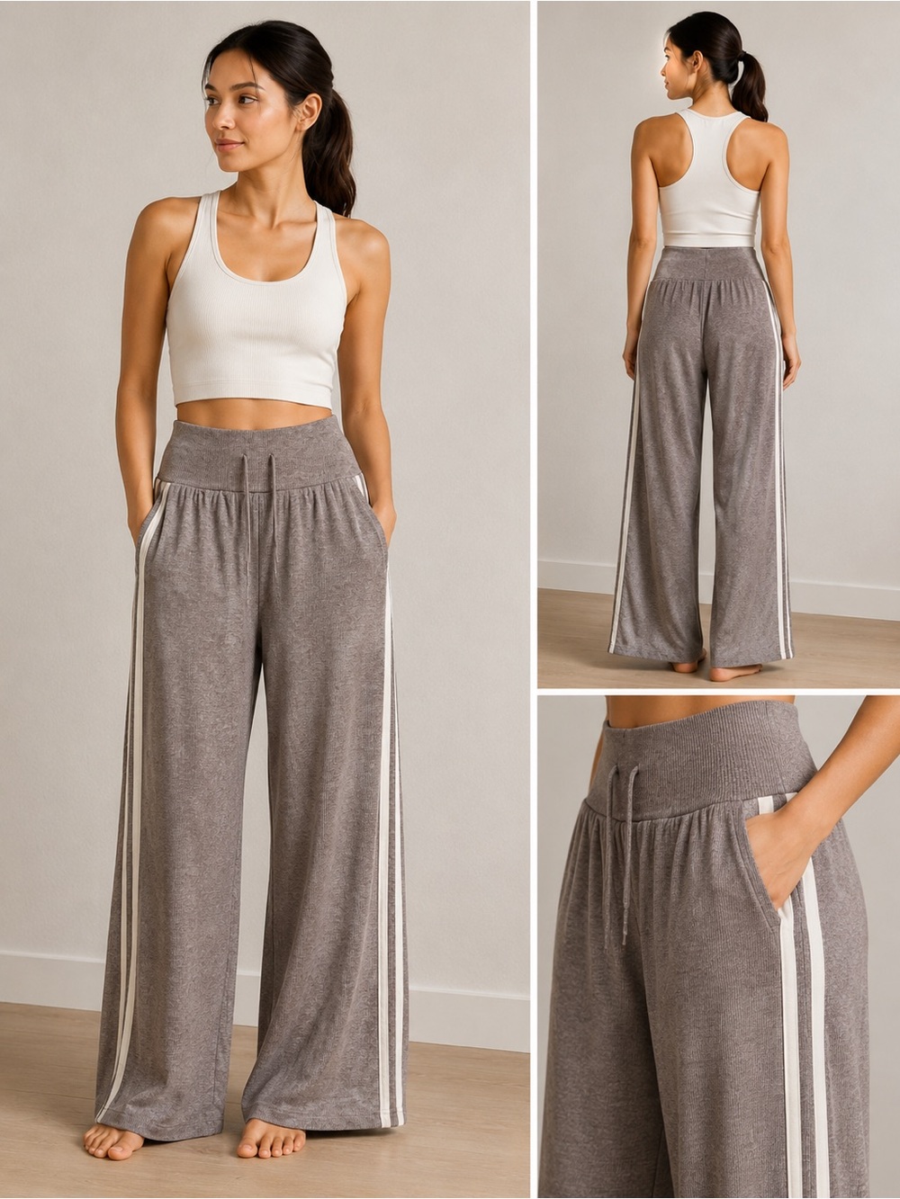 HALARA Taupe Wide-Leg Lounge Pants with White Side Stripes